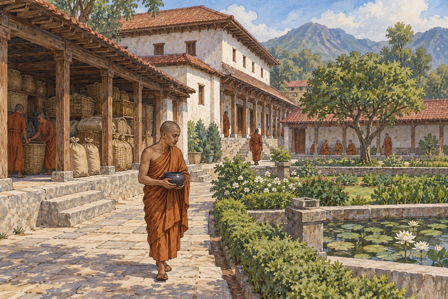 A monk carrying a plain bowl crosses a spacious monastery courtyard with storage rooms and garden.