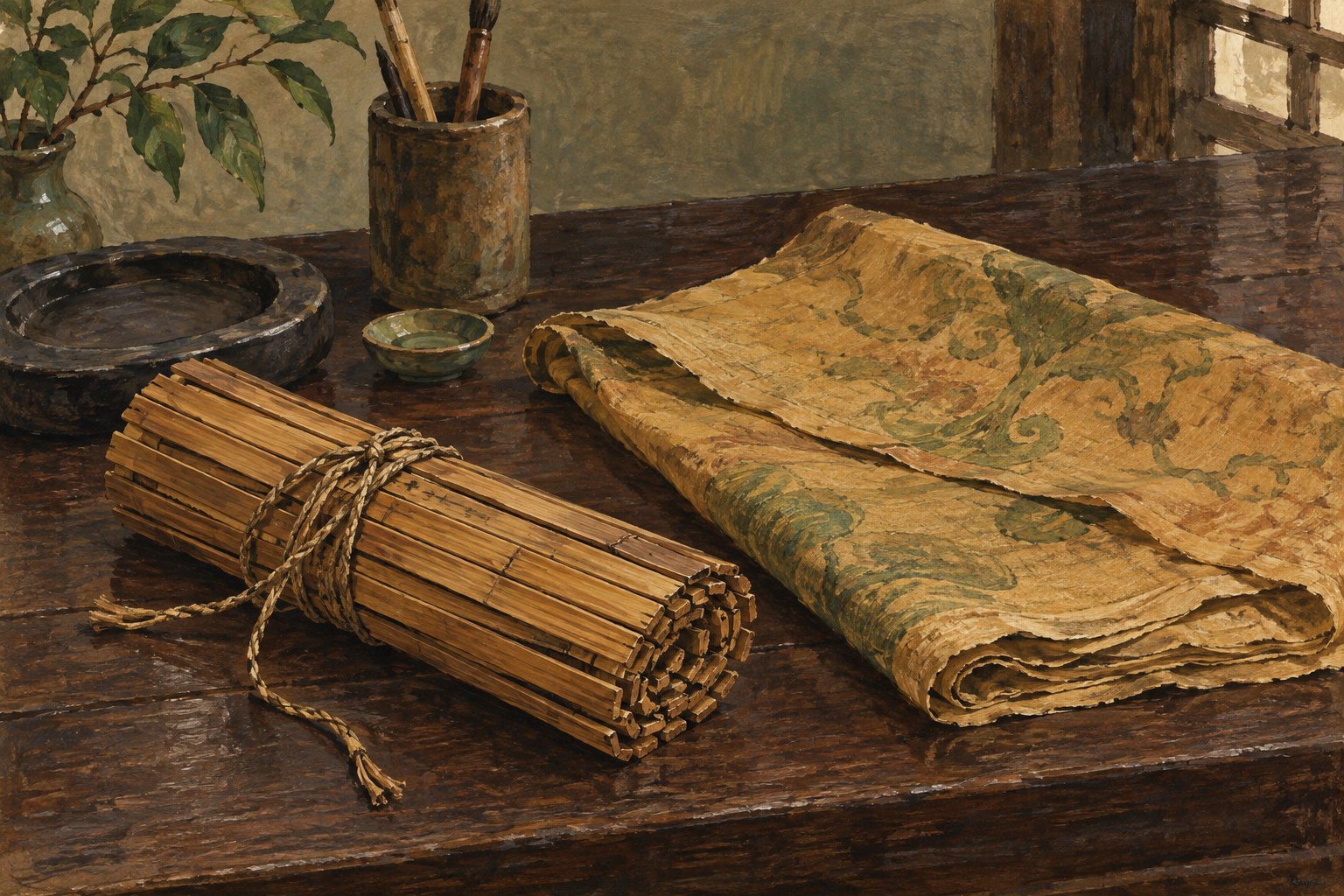 A tied bamboo-slip bundle and a loosely rolled silk sheet rest on a dark wooden surface.