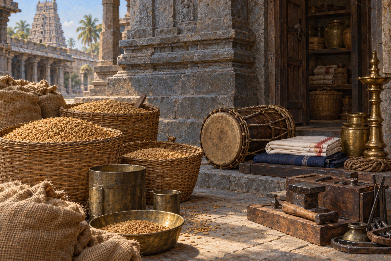 Baskets of paddy and measuring vessels sit beside a temple plinth, with a drum, folded textiles and work tools nearby.