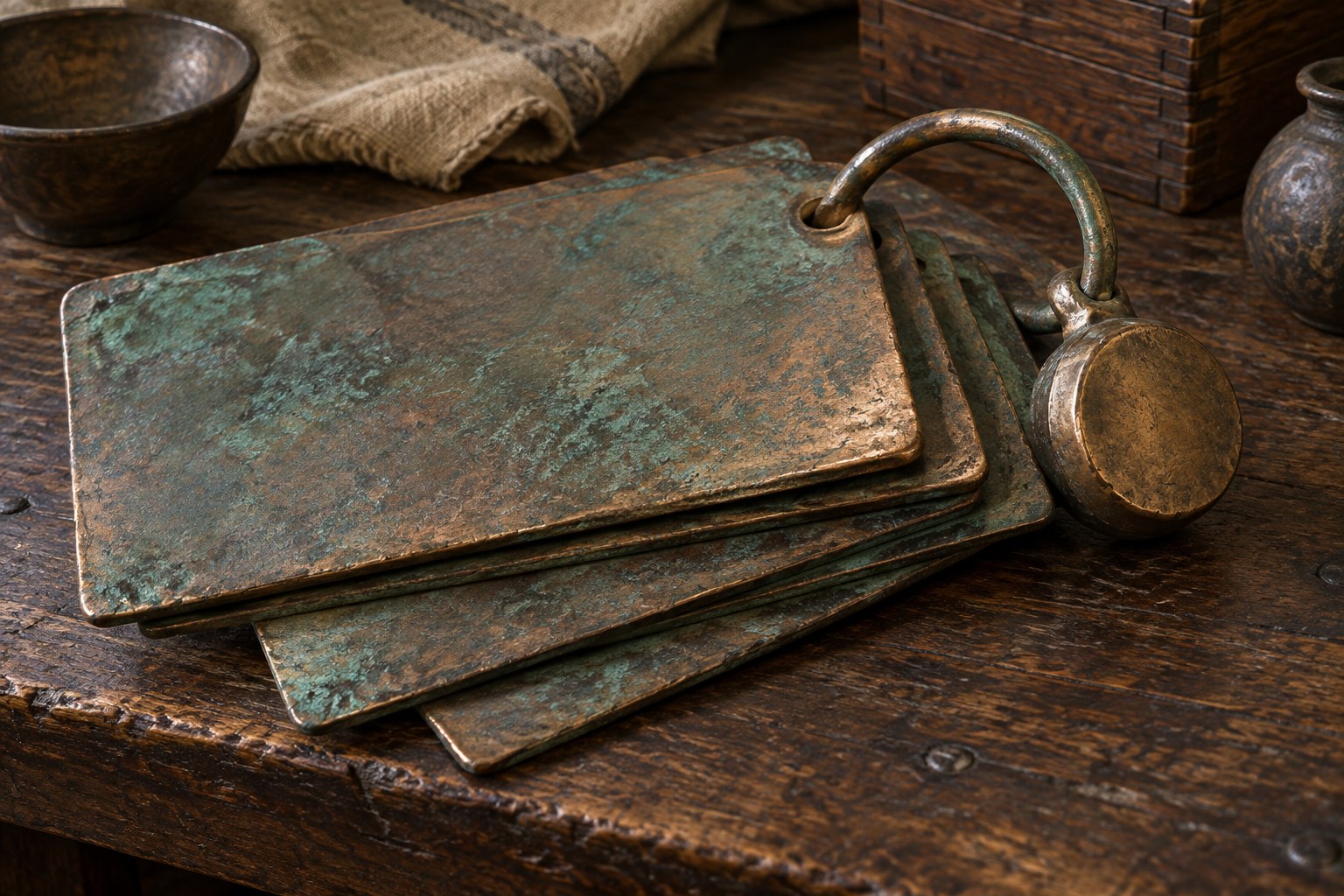 A set of uninscribed copper plates joined by a heavy ring and seal rests on a dark wooden worktable.