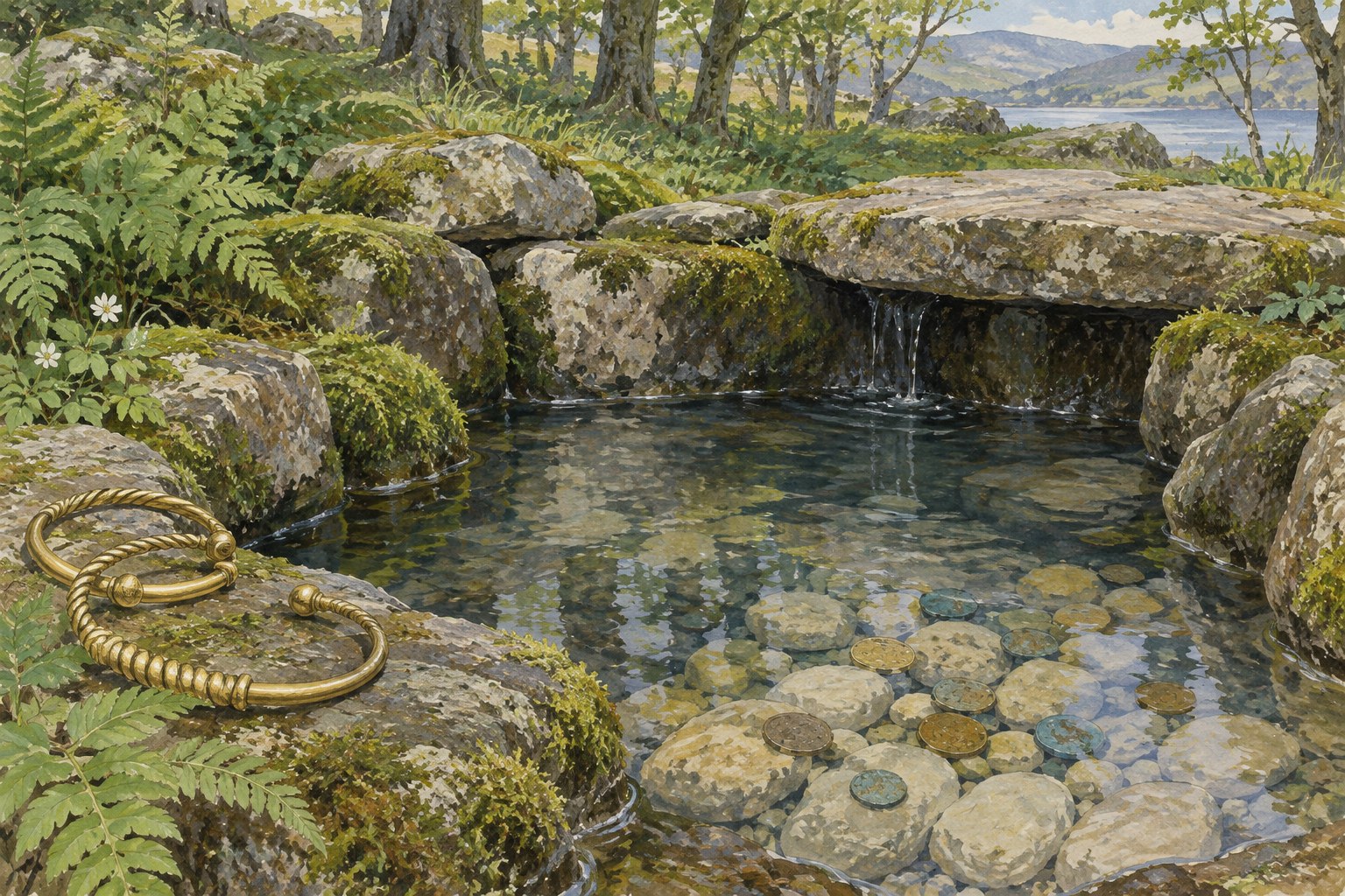 Coins rest under clear spring water beside smooth stones, with plain gold torcs at the edge.