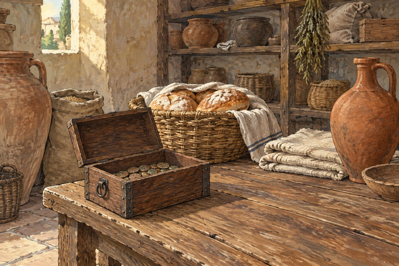 A modest wooden chest with coins stands beside bread, folded cloth and a clay jug.