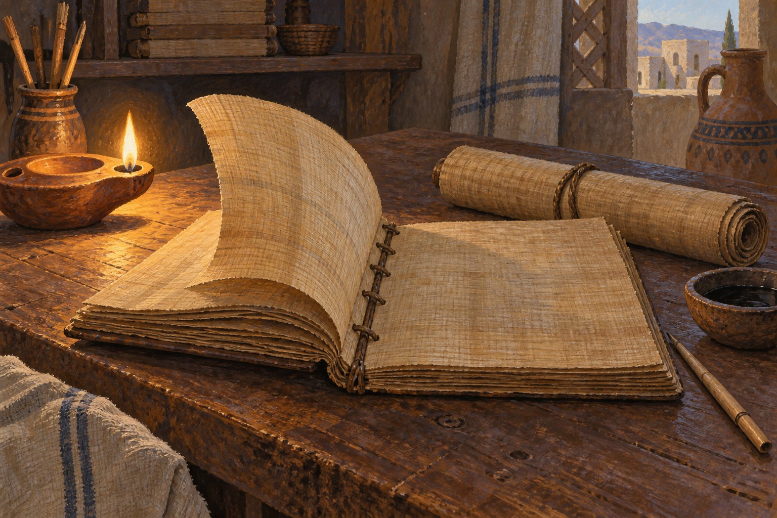 An early bound book opens beside a closed scroll, showing its page edges and binding cords.