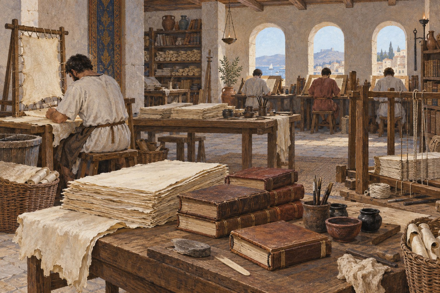 Copyists work in a manuscript workshop filled with parchment stacks, bound codices, sewing tools and ink pots.