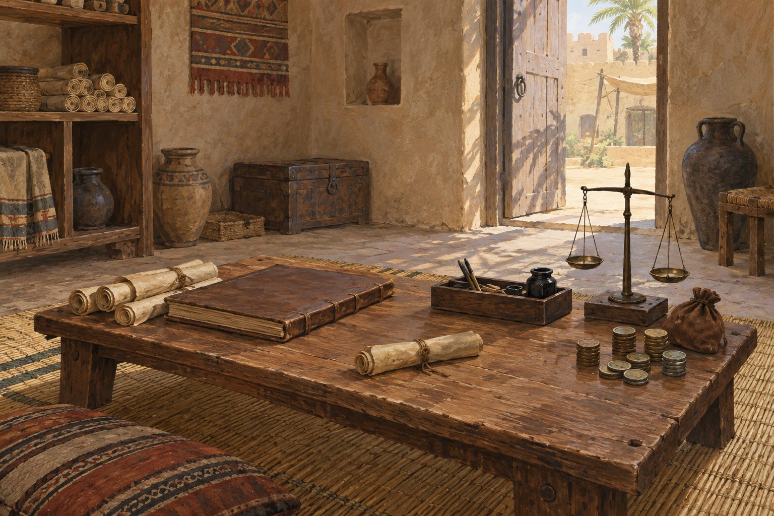A low administrative table holds a closed register, tied documents, coins and a balance scale.