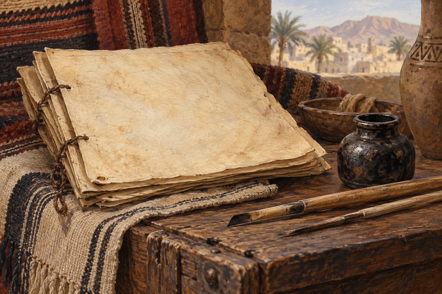 Parchment leaves lie face-down beside reed pens, ink and binding thread on a low writing surface.