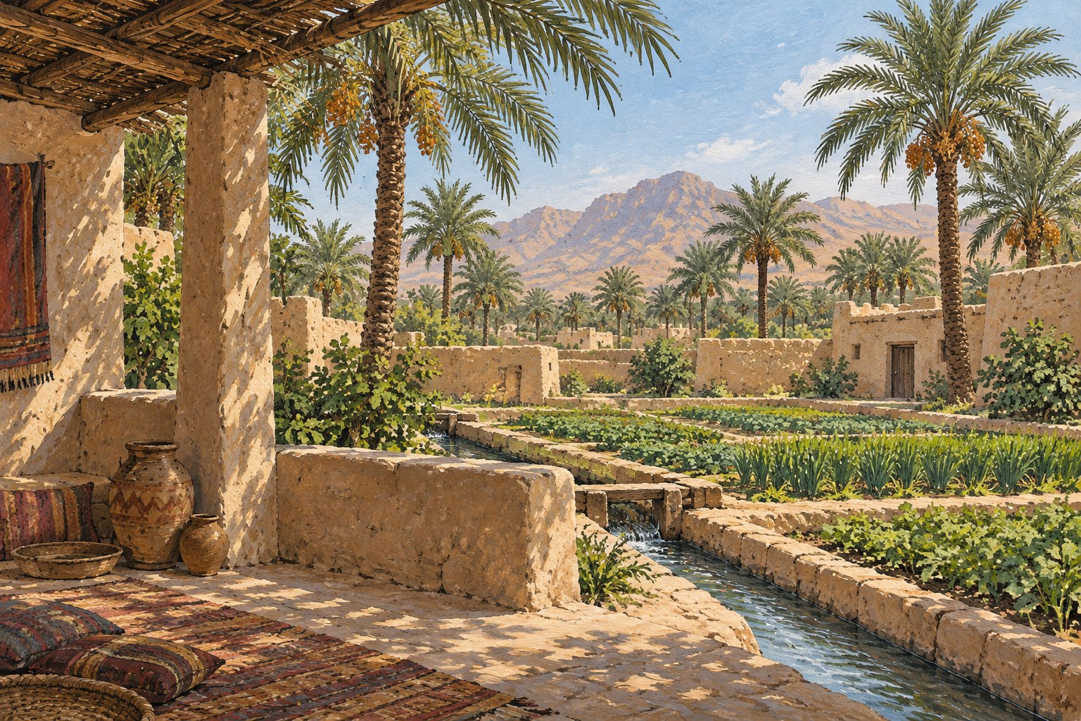 Date palms, cultivated plots, mud-brick walls and a water channel form a quiet oasis.