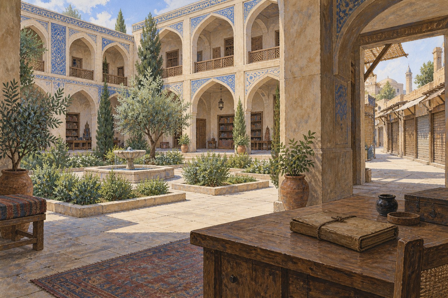An arcaded courtyard opens toward shopfronts, with a tied document bundle on a caretaker’s desk.