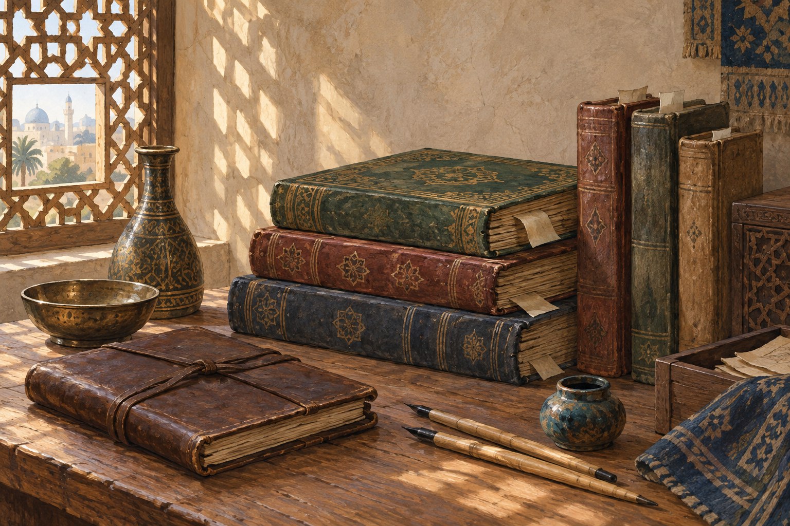 Well-used manuscript volumes, bookmark slips and reed pens sit beside a lattice window.