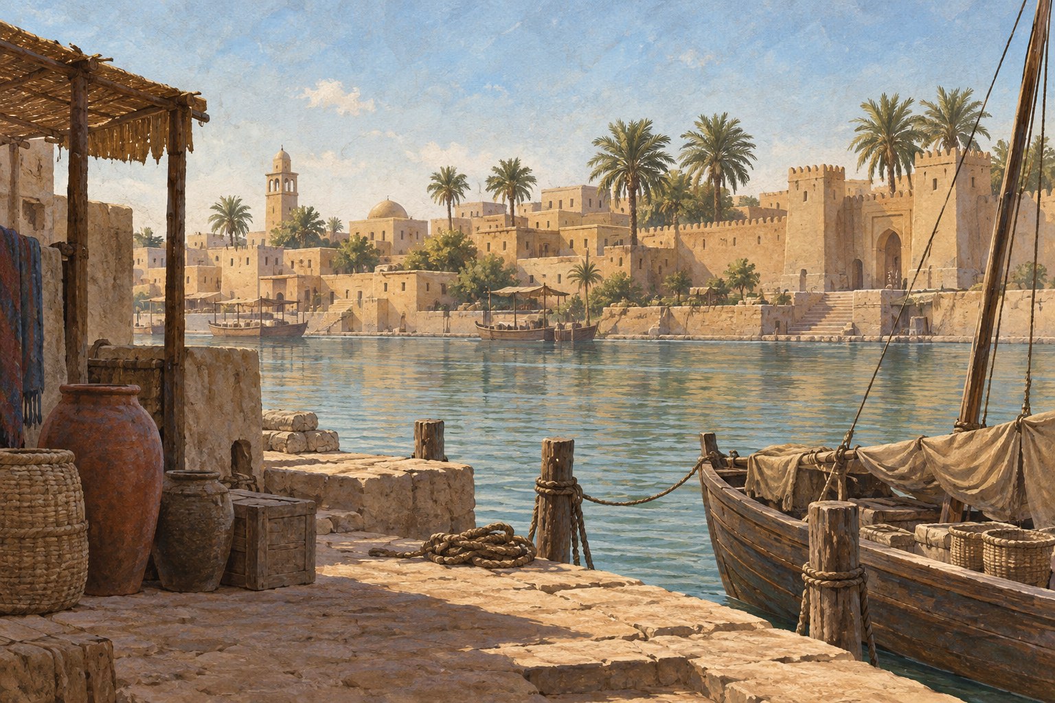 Low earthen buildings and palms rise above a river quay with a moored wooden boat.
