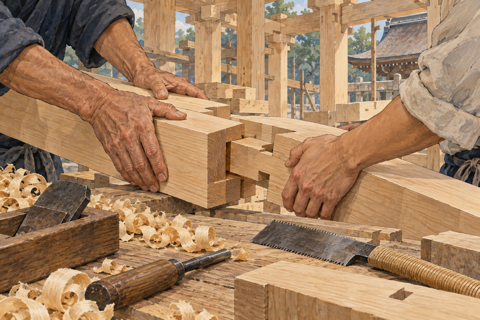 Two pairs of hands fit a timber joint on a bench surrounded by planes, chisels and wood shavings.