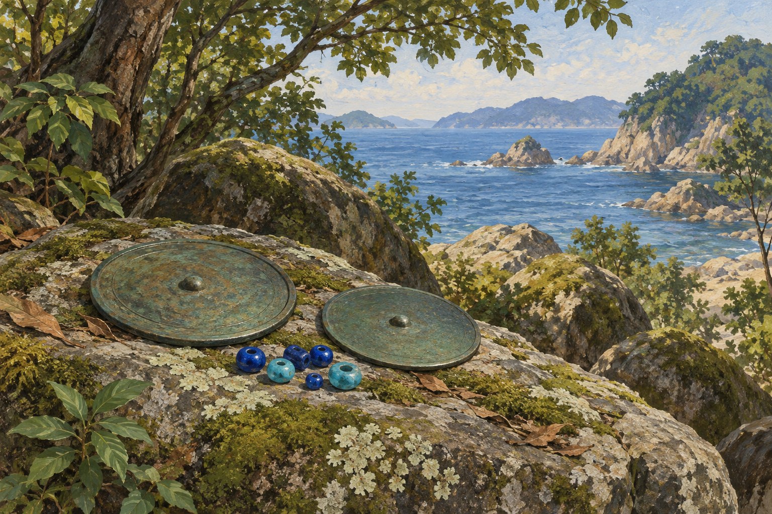 Plain-backed bronze mirrors and glass beads rest among mossy island boulders above the sea.