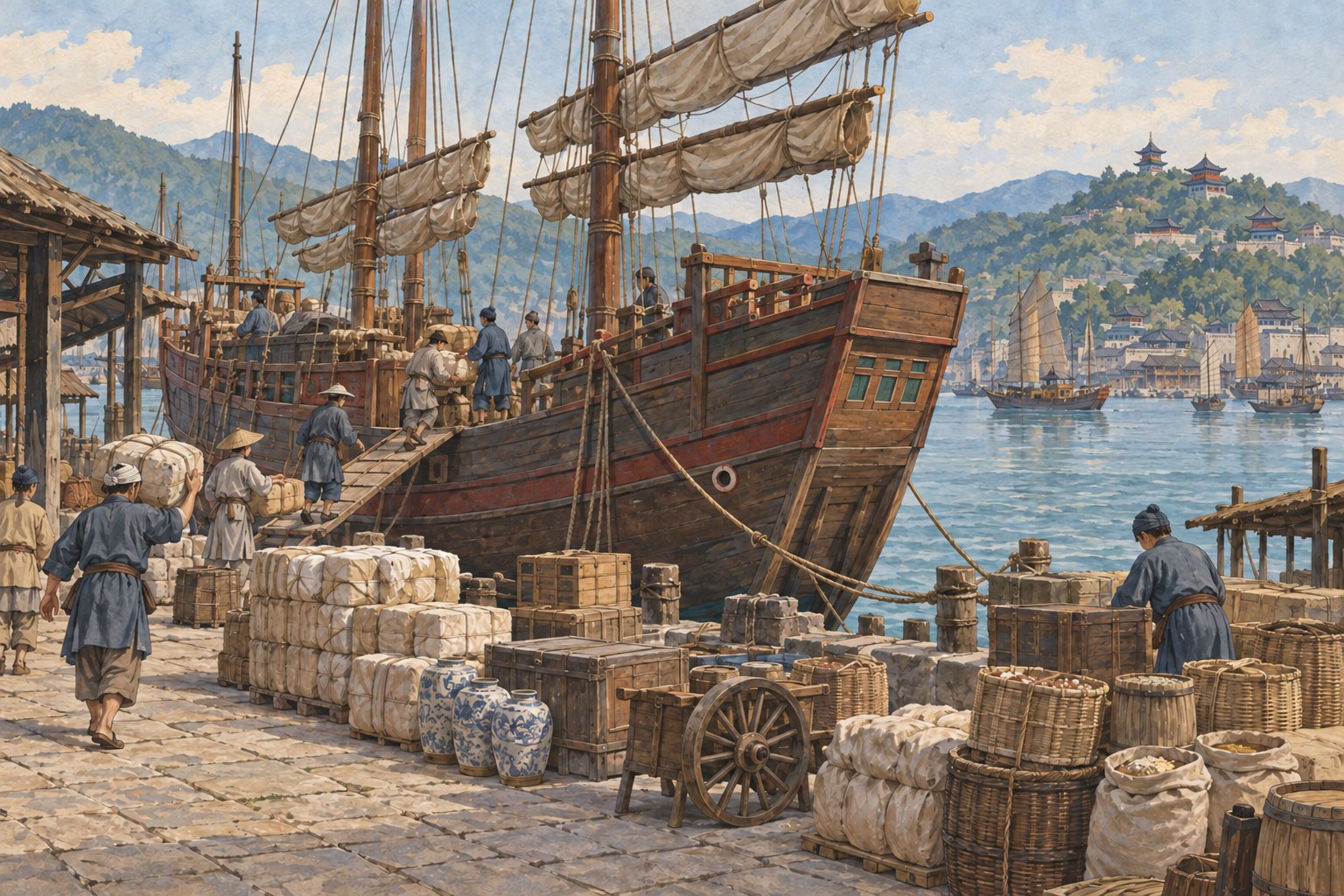 Workers load bundled cargo onto a wooden merchant junk at a busy harbor, with temple roofs on a distant hillside.