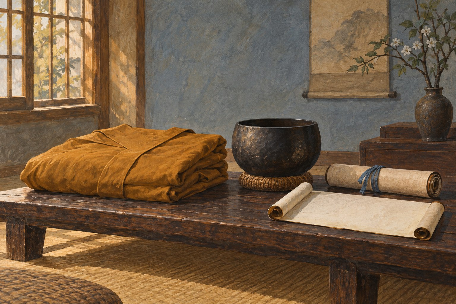 A folded robe, a dark bowl and tied document rolls sit on a low wooden platform.