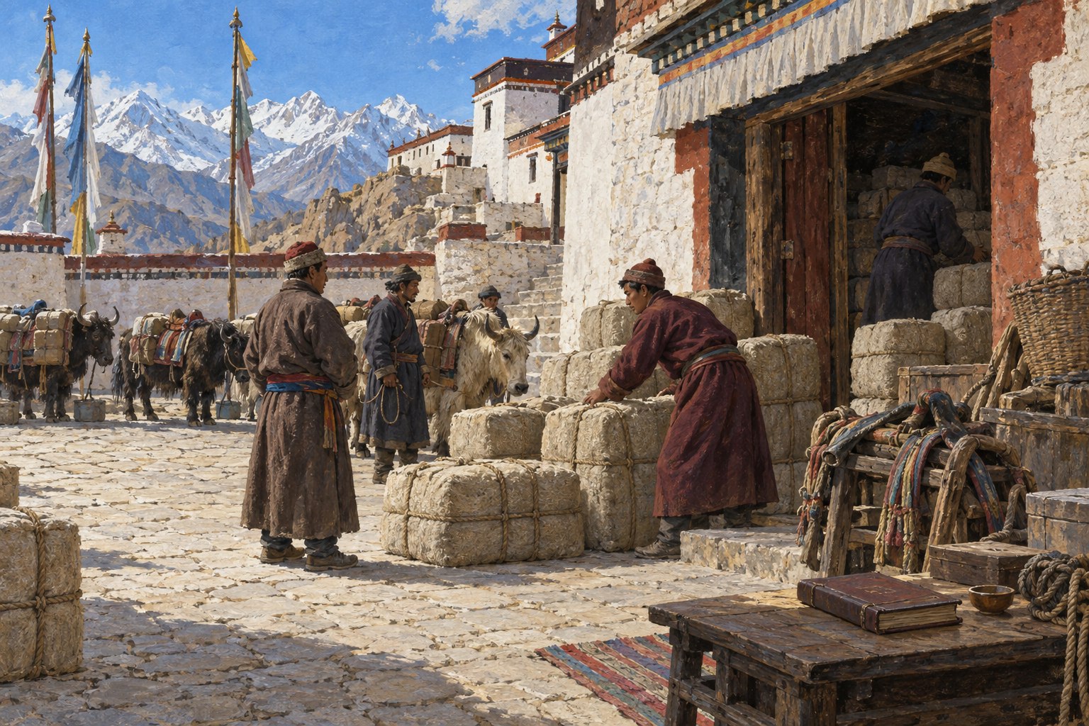 Workers stack wrapped tea bales in a monastery courtyard beside pack saddles, a closed ledger and loaded yaks.