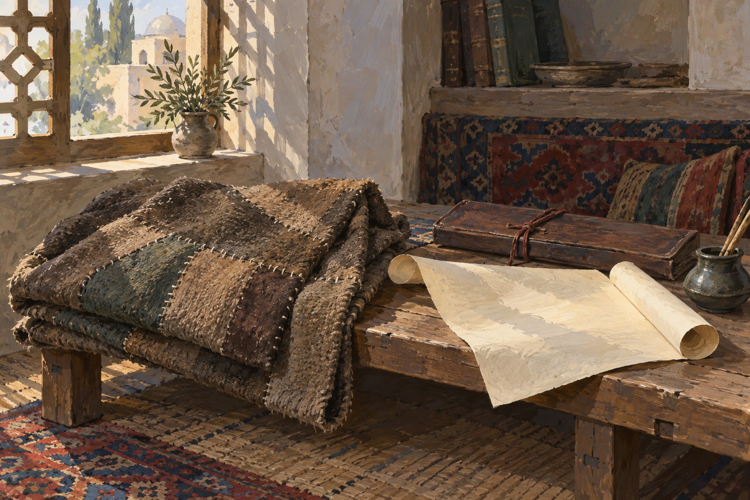 A patched wool cloak lies beside rolled papers and a closed document case on a low wooden bench.