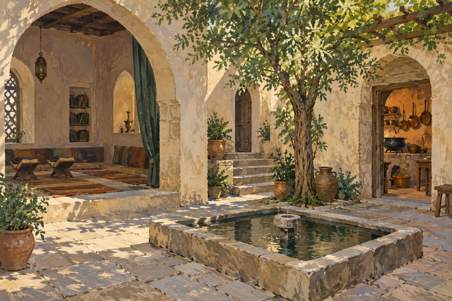 A shaded lodge courtyard opens onto a teaching room and a kitchen with bowls and cooking pots.