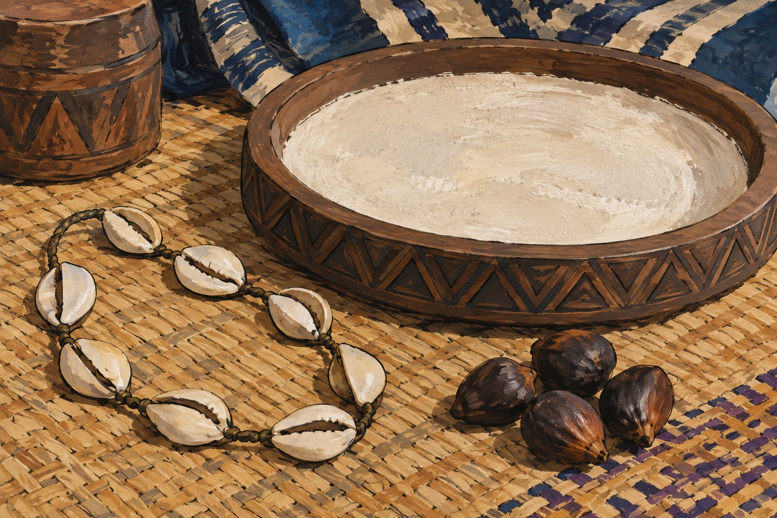 A chain of half-shell pieces and palm nuts lie beside a shallow wooden tray with a plain dust surface.