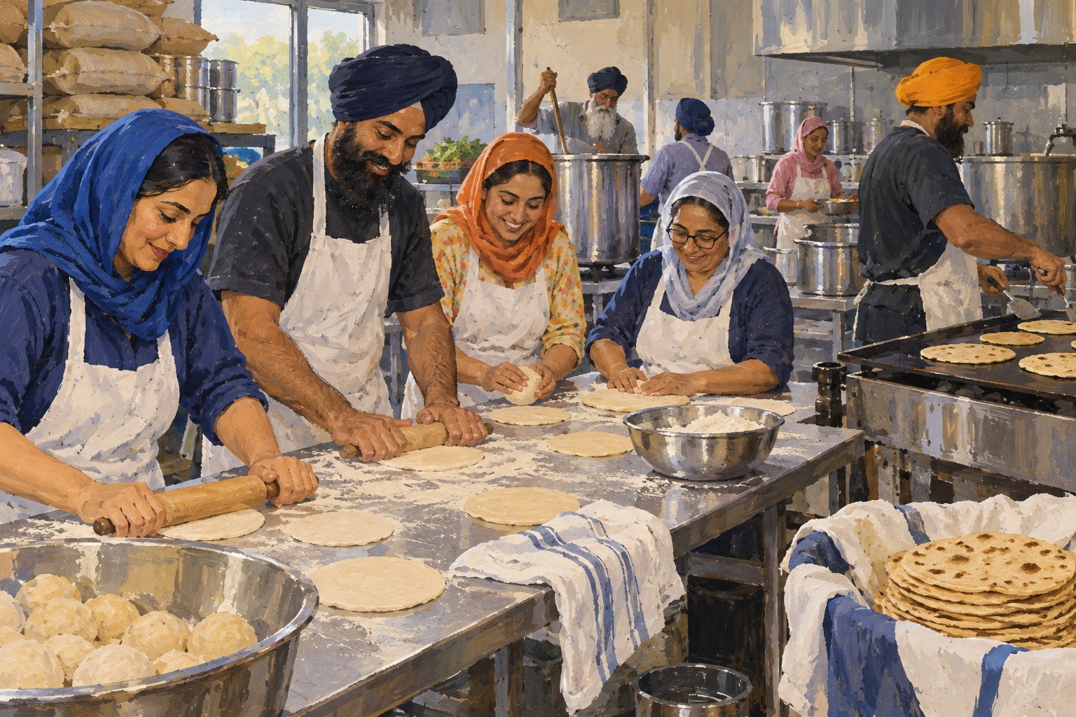 Volunteers with covered heads roll flatbread beside sacks of grain, broad griddles and large cooking vessels.