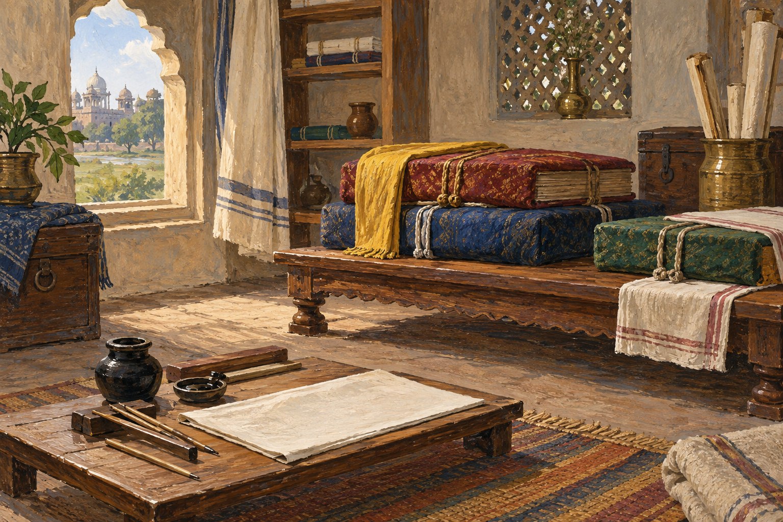 Cloth-wrapped manuscript volumes and copying materials rest on a clean raised writing surface.