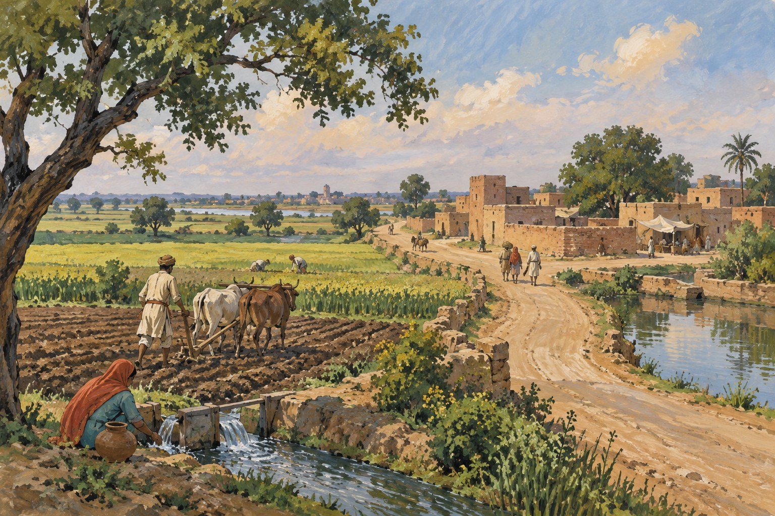 A road runs through cultivated fields toward a small settlement in a broad river plain.