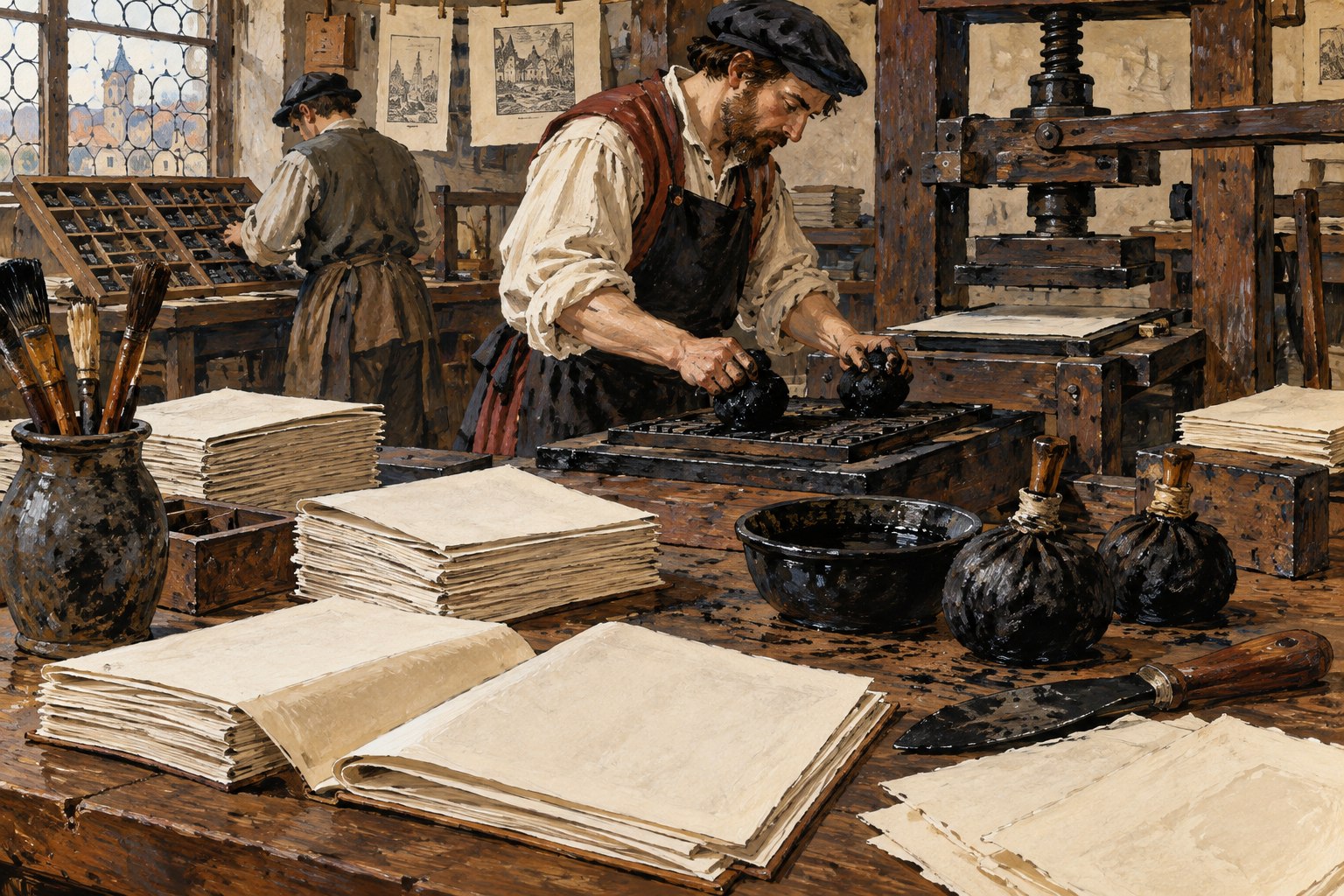 Printshop workers use a wooden press beside stacks of folded paper, ink balls and printing tools.