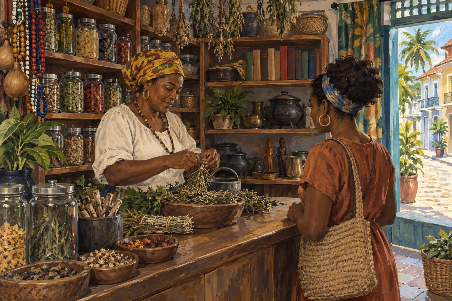 A shopkeeper bundles herbs for a customer at a counter surrounded by bead strands, jars, books and plain vessels.