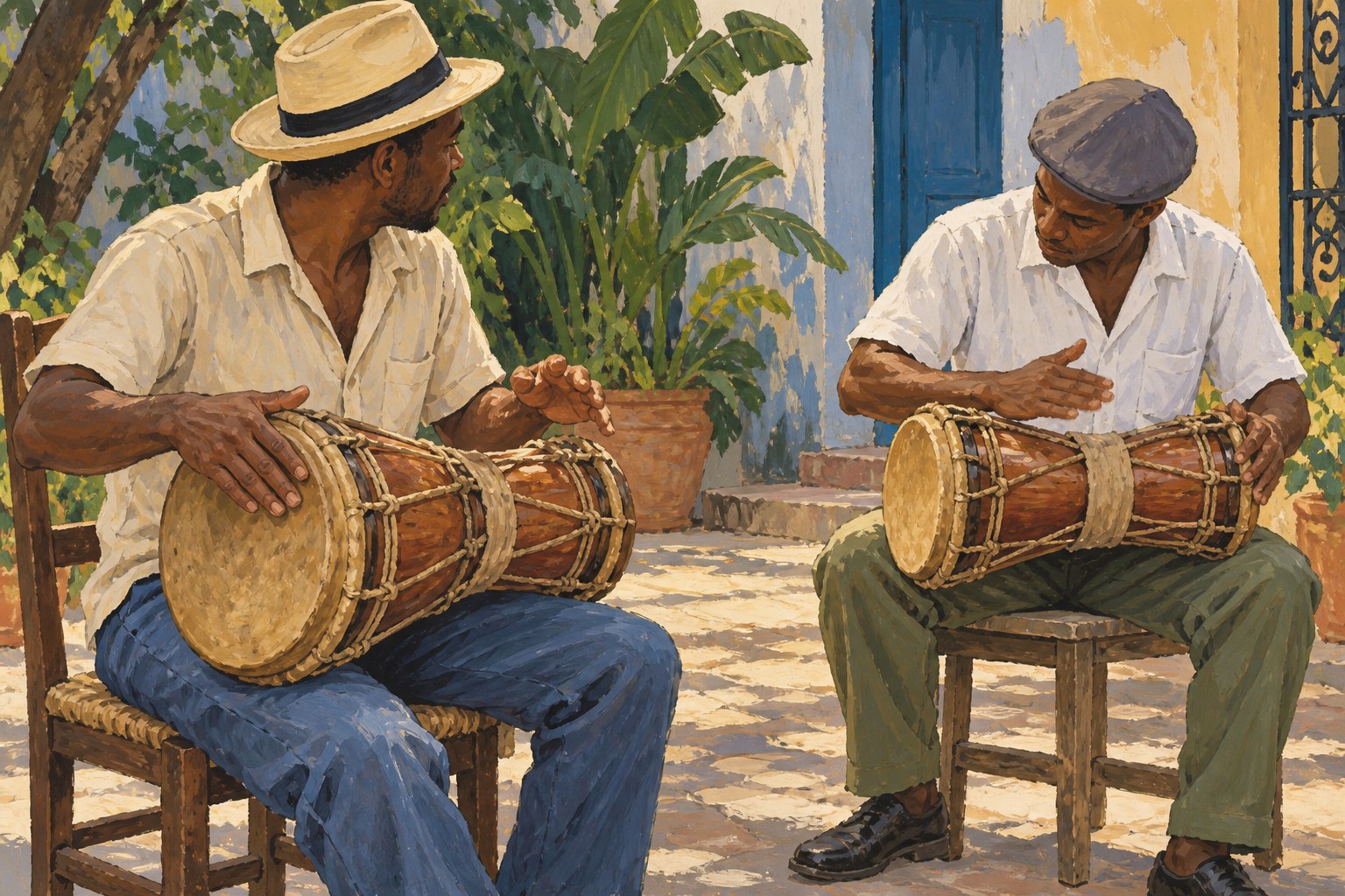 Two seated drummers practice on horizontal double-headed drums in a shaded room.