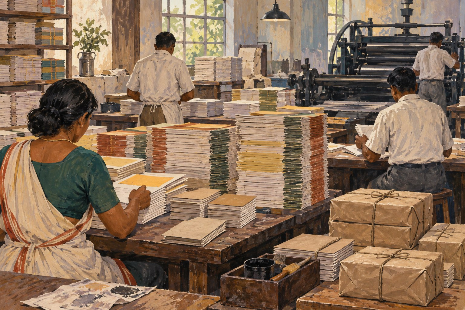 Workers sort folded books and paper bundles around a mechanical printing press in a sunlit workshop.