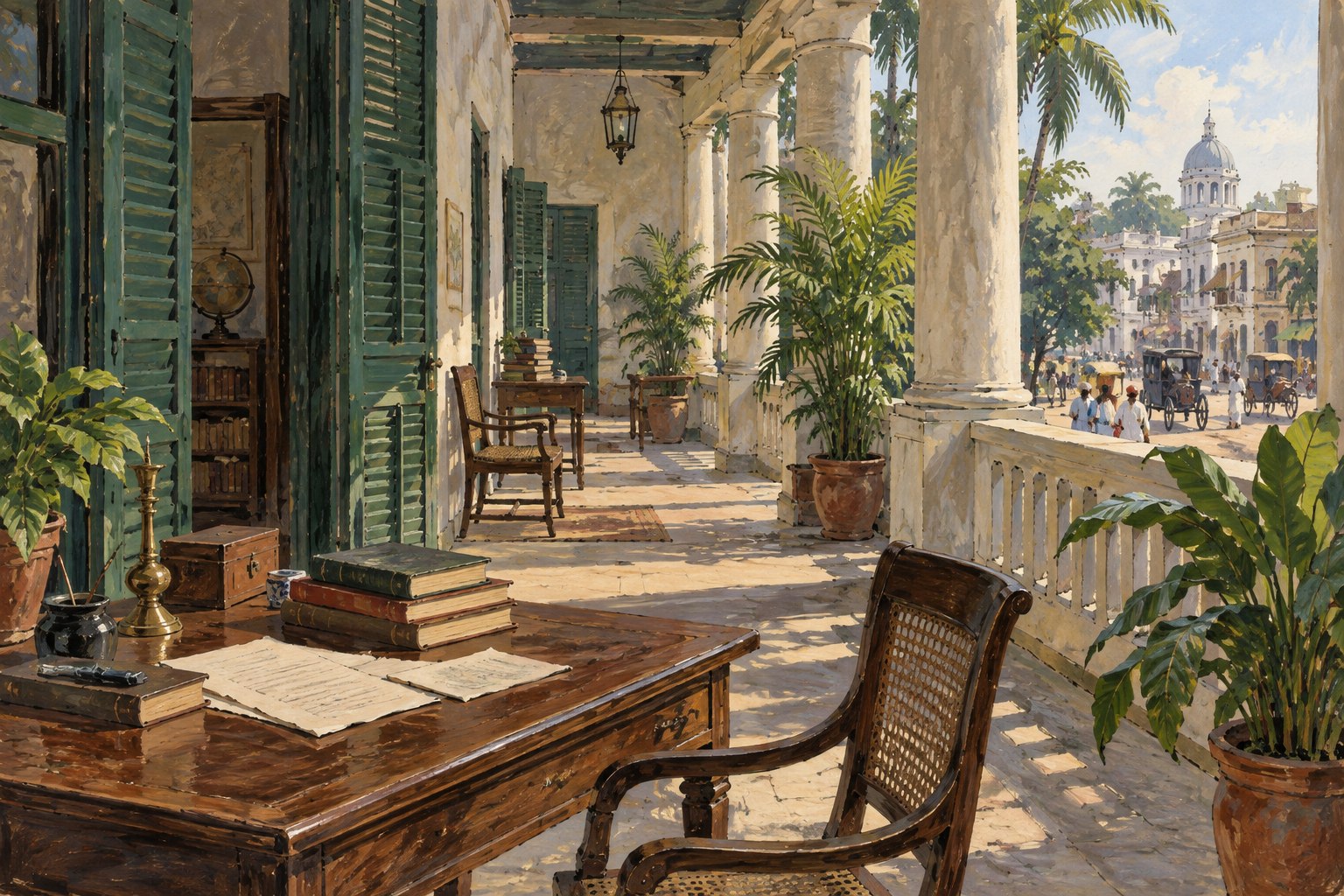 A shaded veranda opens onto an urban street while books and papers rest on a study table.