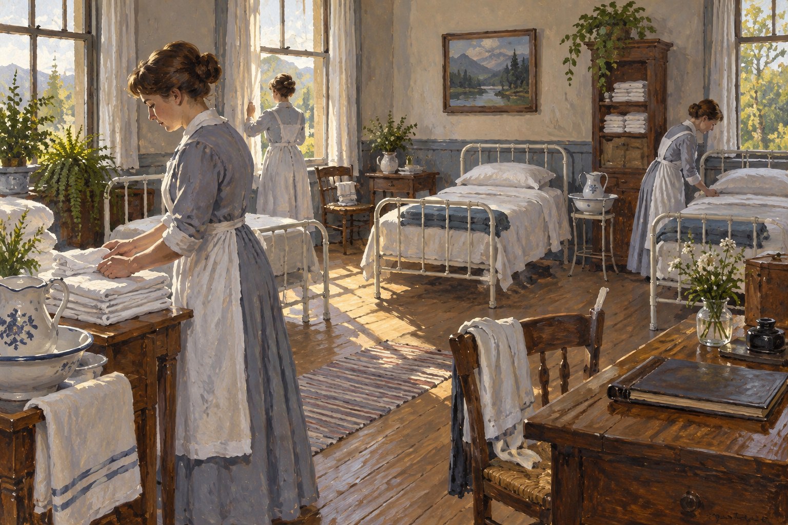 Staff fold linens and make beds in a bright care room with washbasins and a closed ledger on a desk.