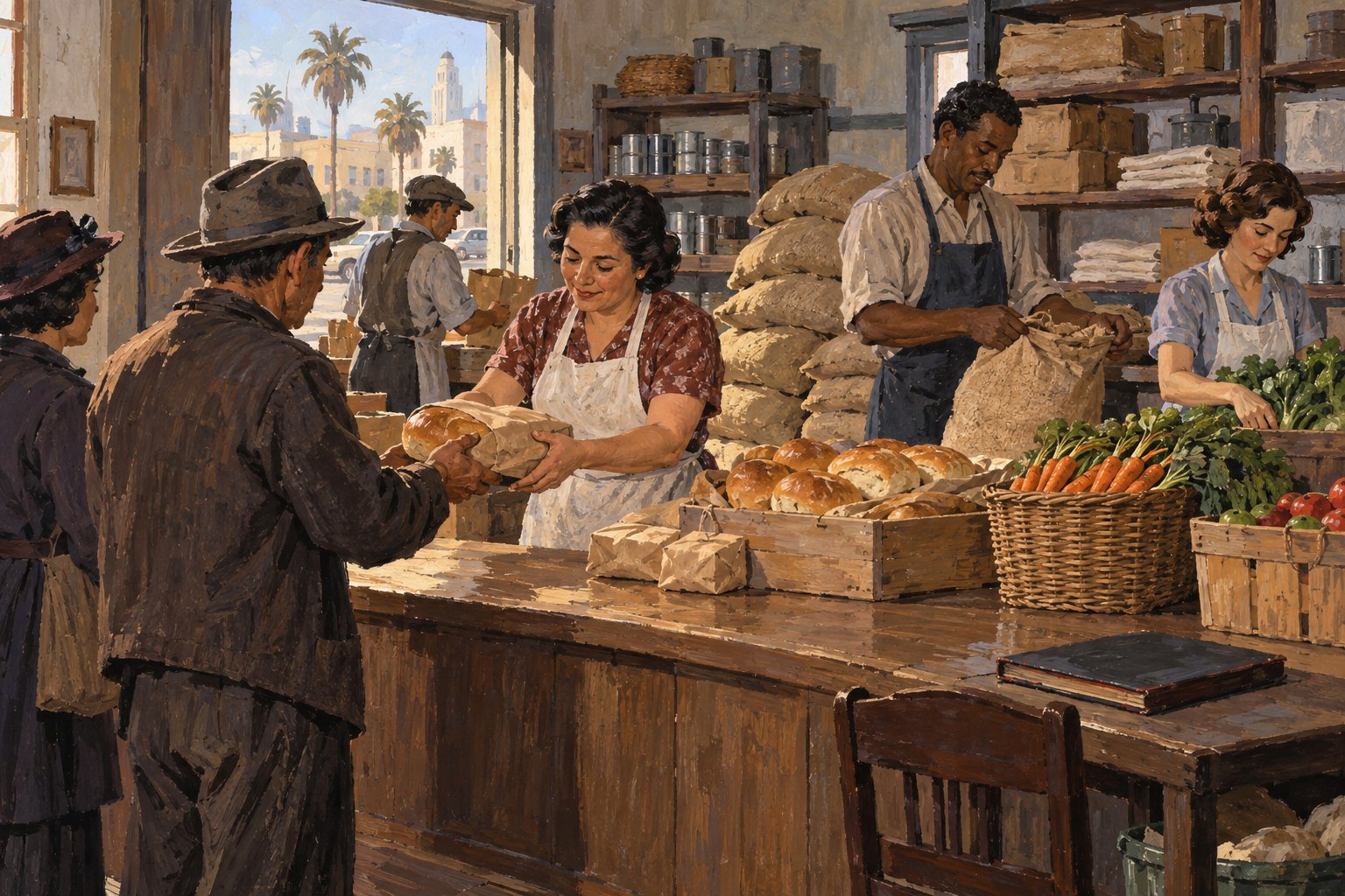 Volunteers arrange bread and vegetables on a serving counter beside boxes of pantry supplies.