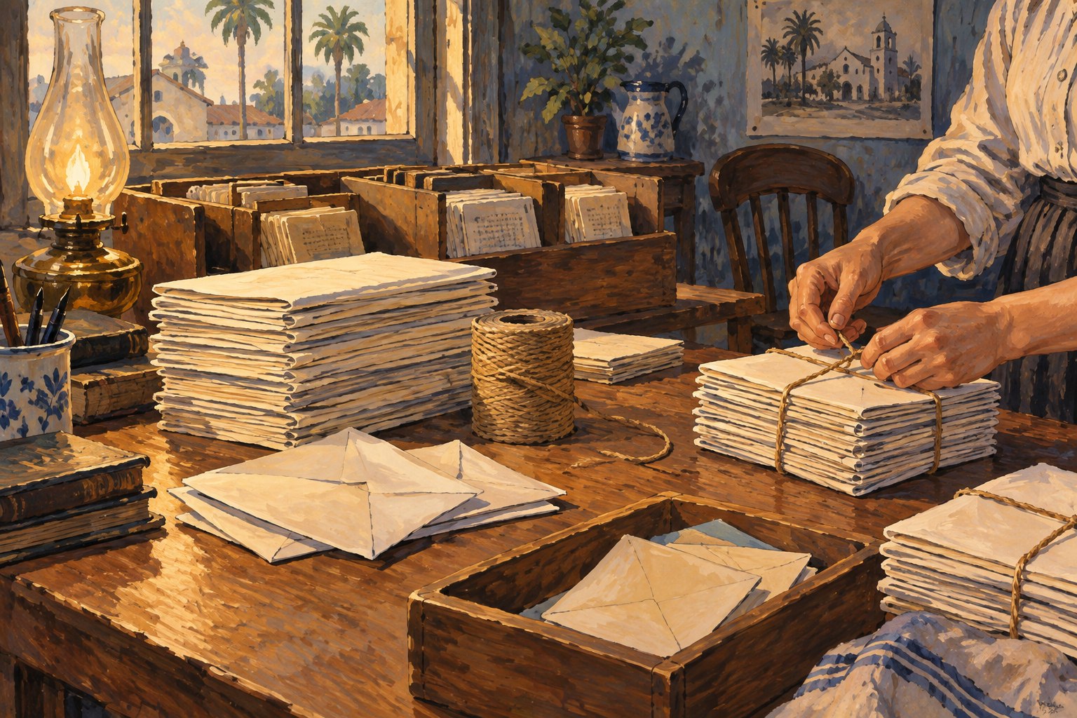 Hands tie a bundle of folded papers beside stacks of envelopes, wooden sorting bins and a lamp.