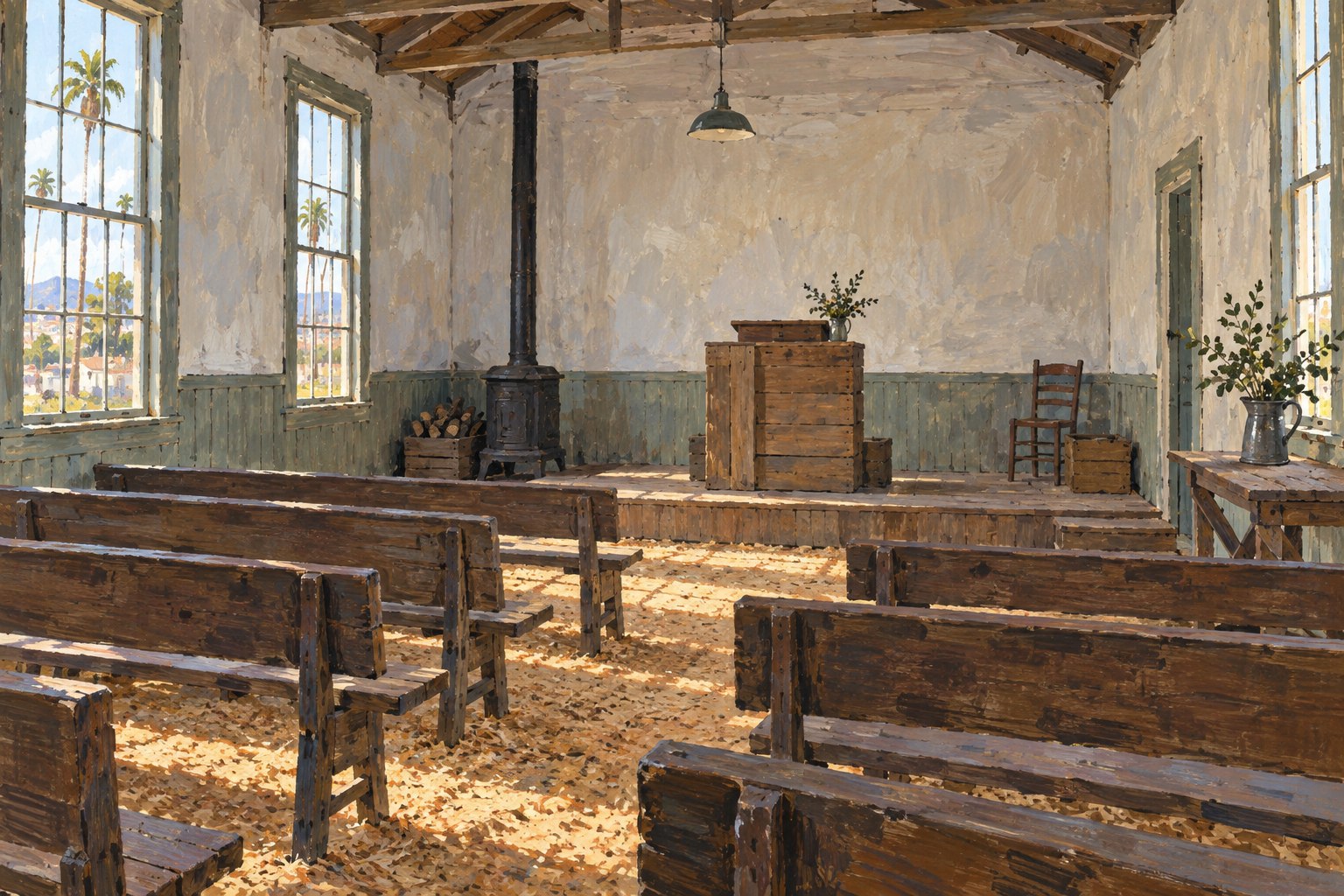 Plank benches face stacked wooden crates in a plain room with a sawdust-covered floor.