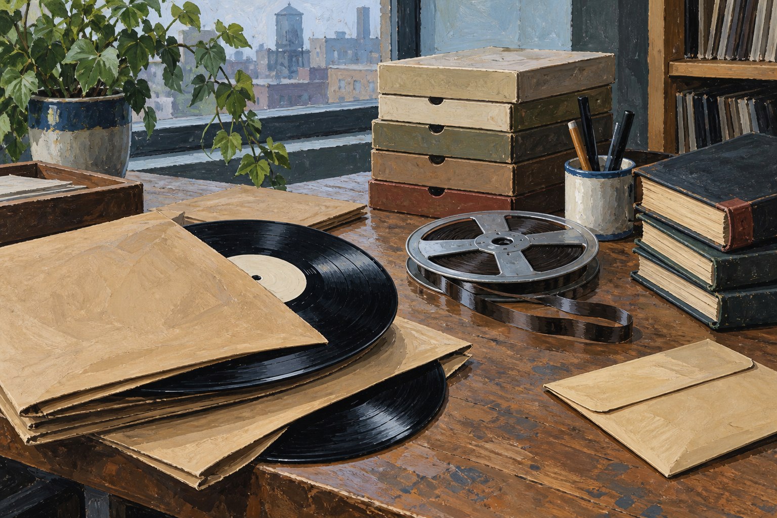 Plain record sleeves, tape reels and closed account books lie on a record-company worktable.