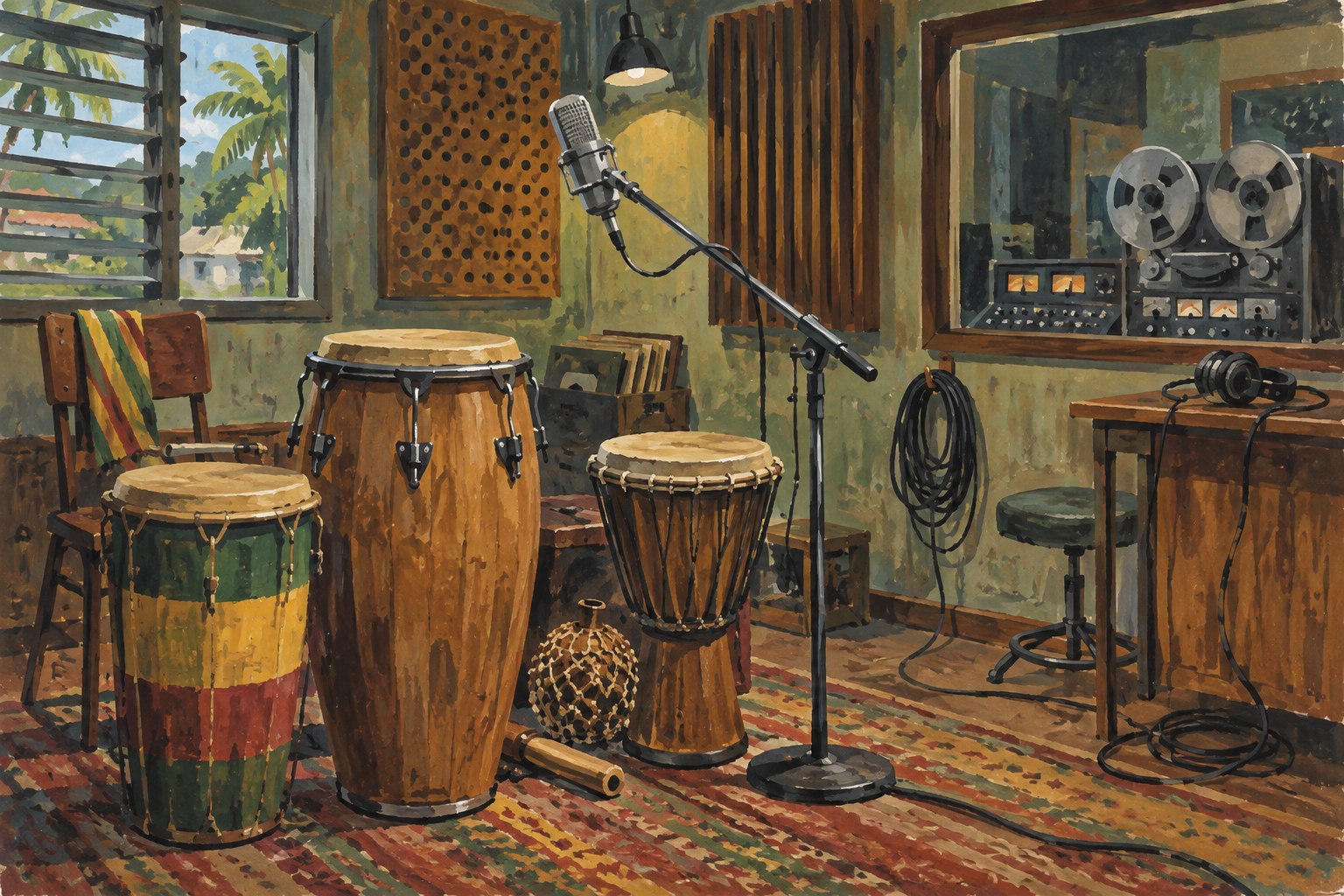 Hand drums stand beside a microphone and reel-to-reel recorder in a small studio.