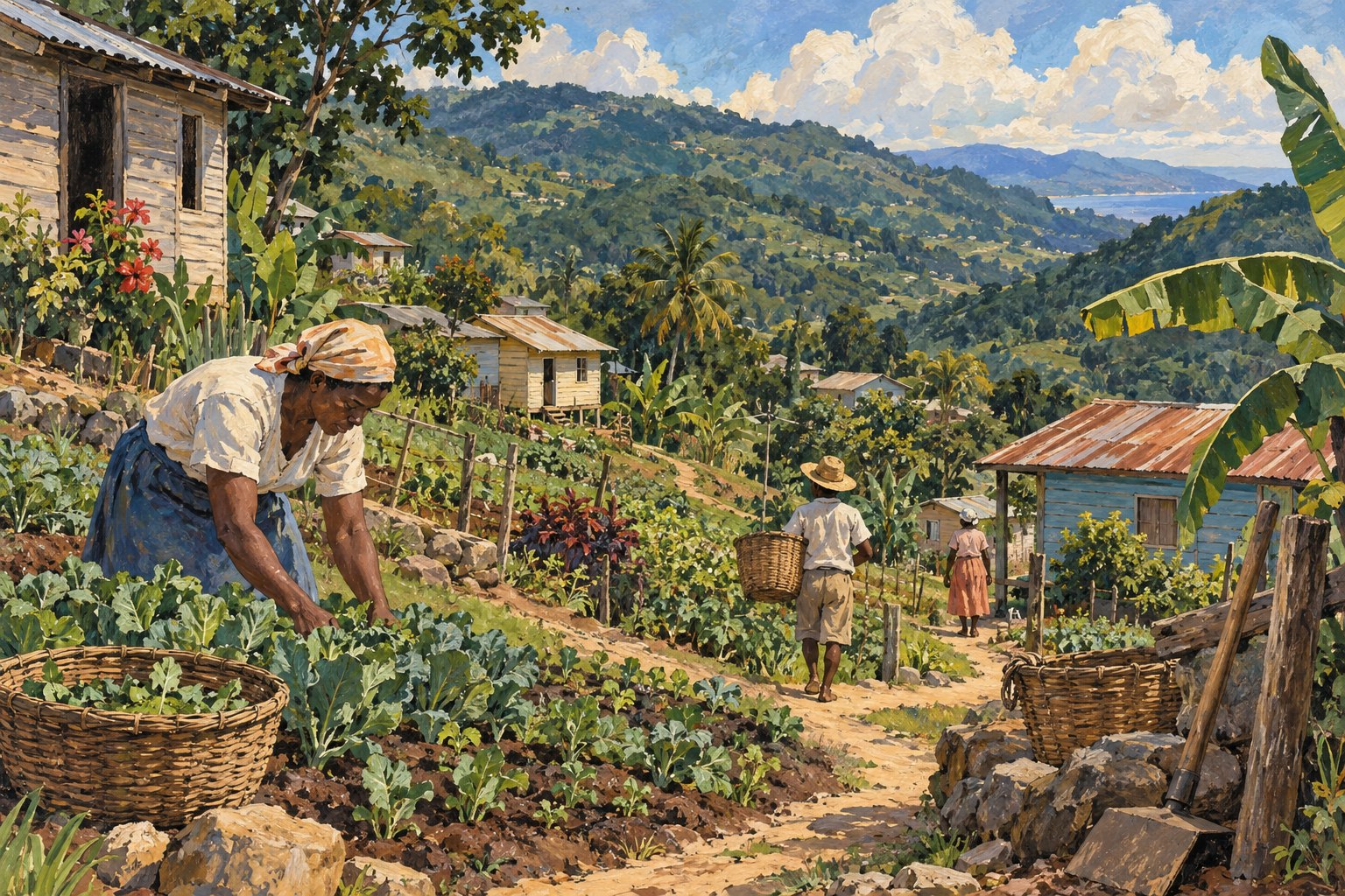 A woman tends vegetables beside baskets while people follow paths between small hillside homes.