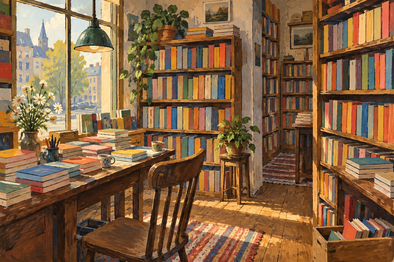Plain paperbacks fill a shop shelf and a small reading table near a window.