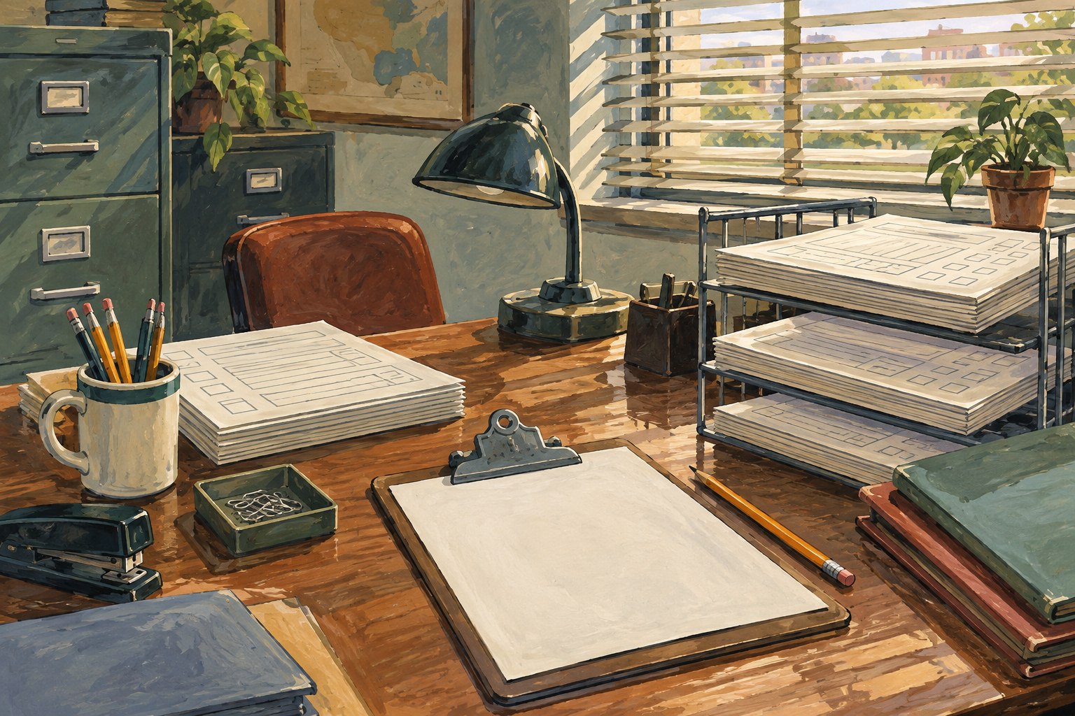 A mid-century desk holds a clipboard, blank survey sheets, pencils and filing trays.